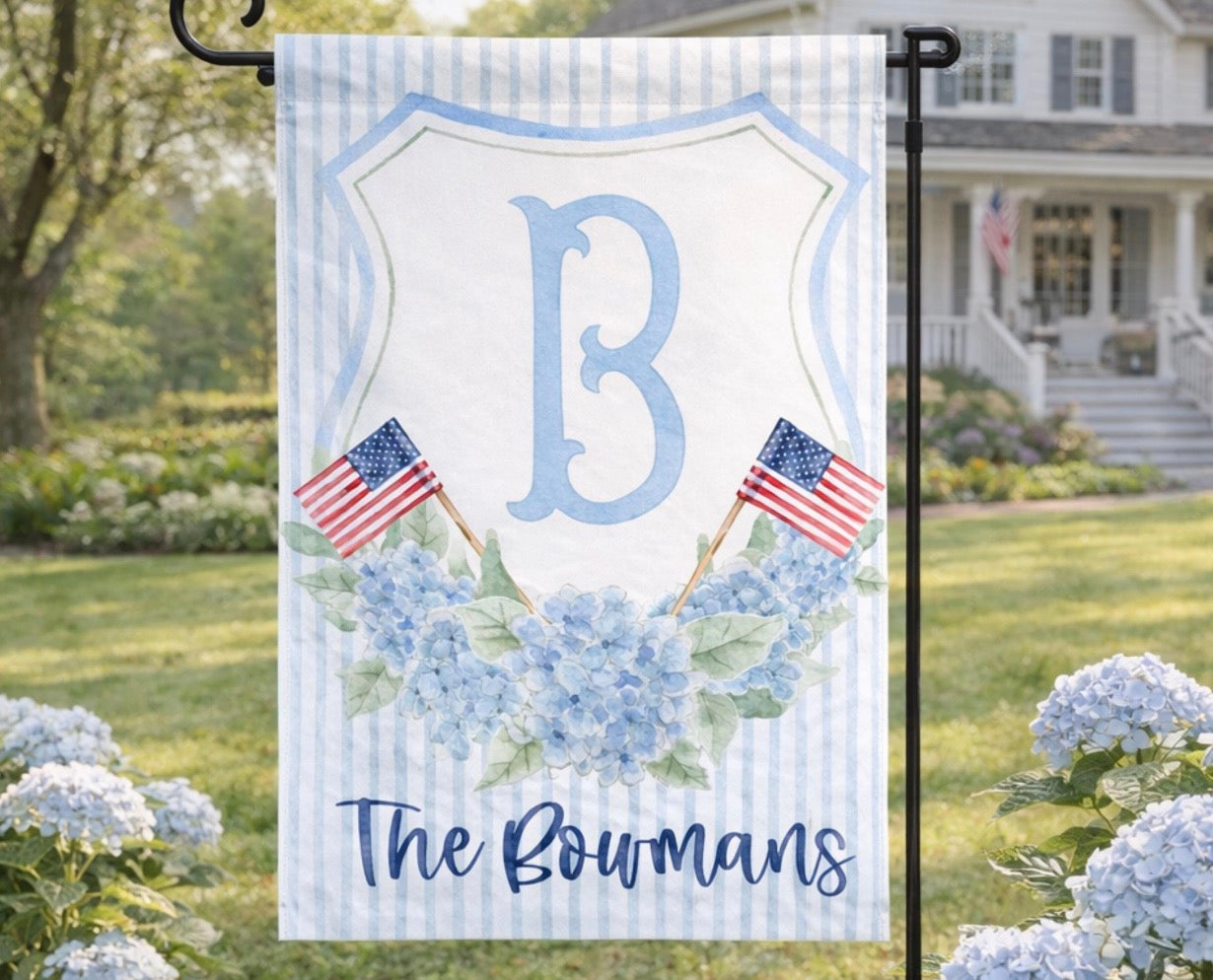Personalized Blue Hydrangea Patriotic Flag