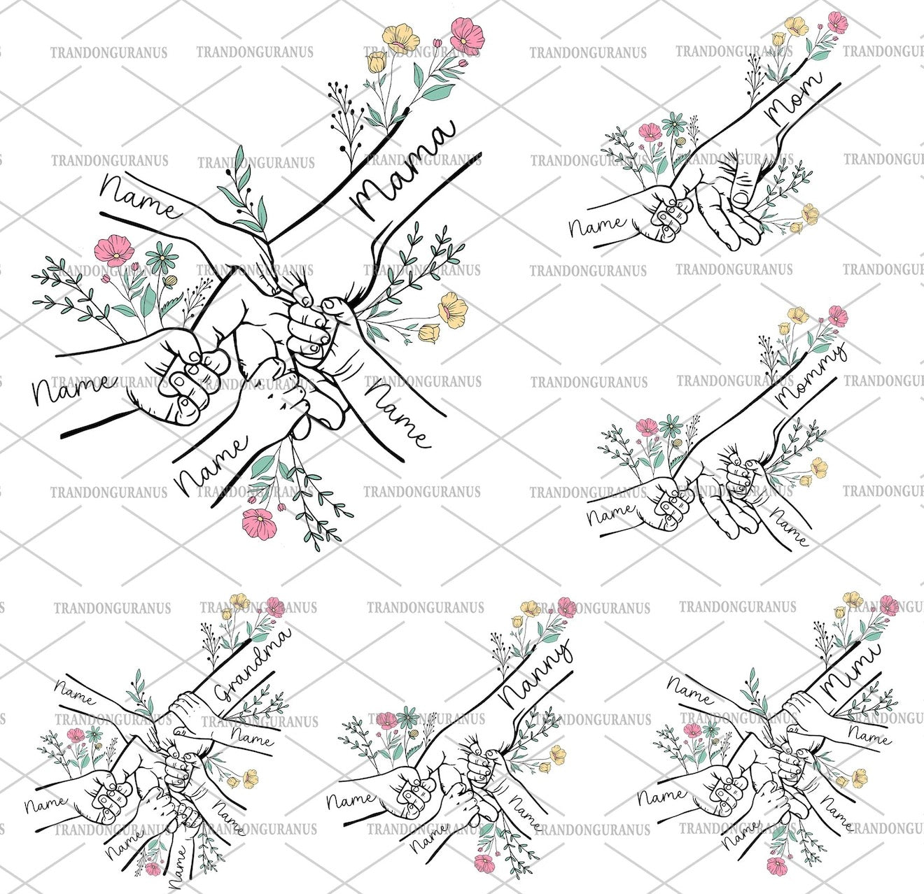Custom Floral Hand Holding Up to 6 Kids Names