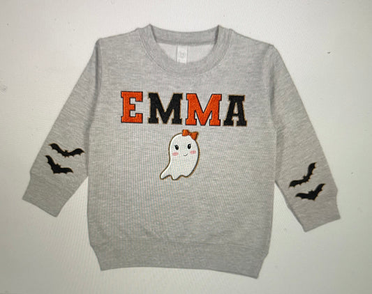 Kids Orange & Black Name W/Girl or Boy Ghost & Bat Sleeves