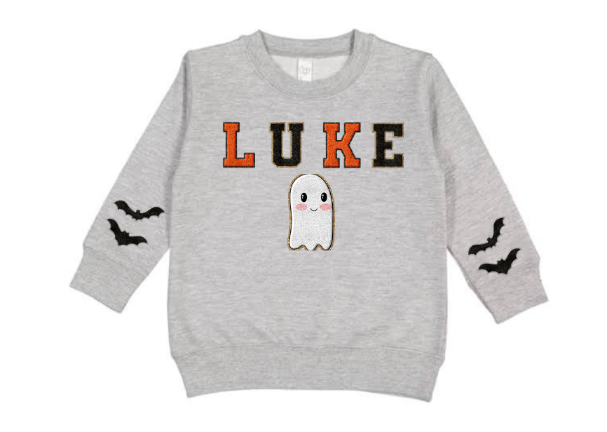 Kids Orange & Black Name W/Girl or Boy Ghost & Bat Sleeves