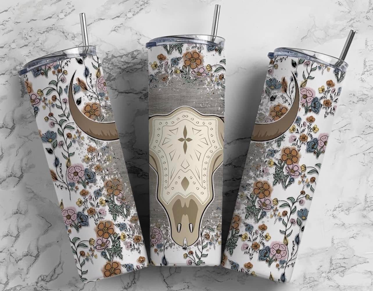 Floral Cow Skull Tumbler