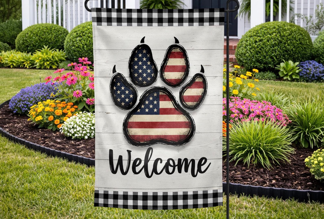 Welcome Patriotic Paw Print Flag