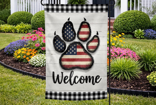 Welcome Patriotic Paw Print Flag