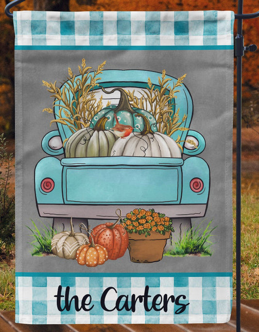 Personalized pumpkin teal truck flag