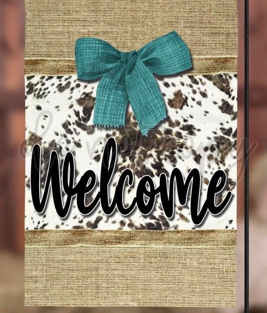 Welcome burlap cow print flag