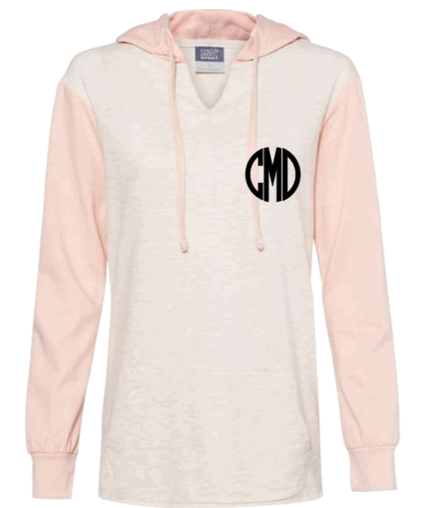 Women's Color Blocked Sleeve French Terry Hooded Pullover- Monogram