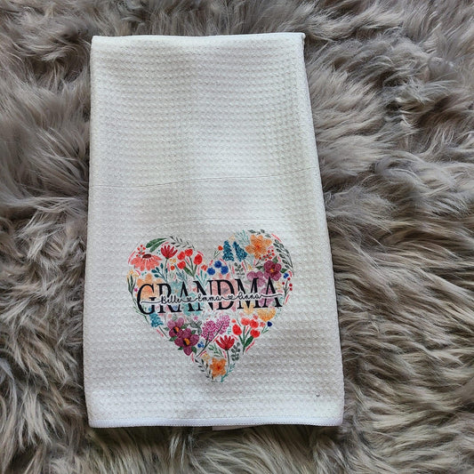 Customizable Mama/Grandmother/Name Floral Heart Sublimation Dishtowel